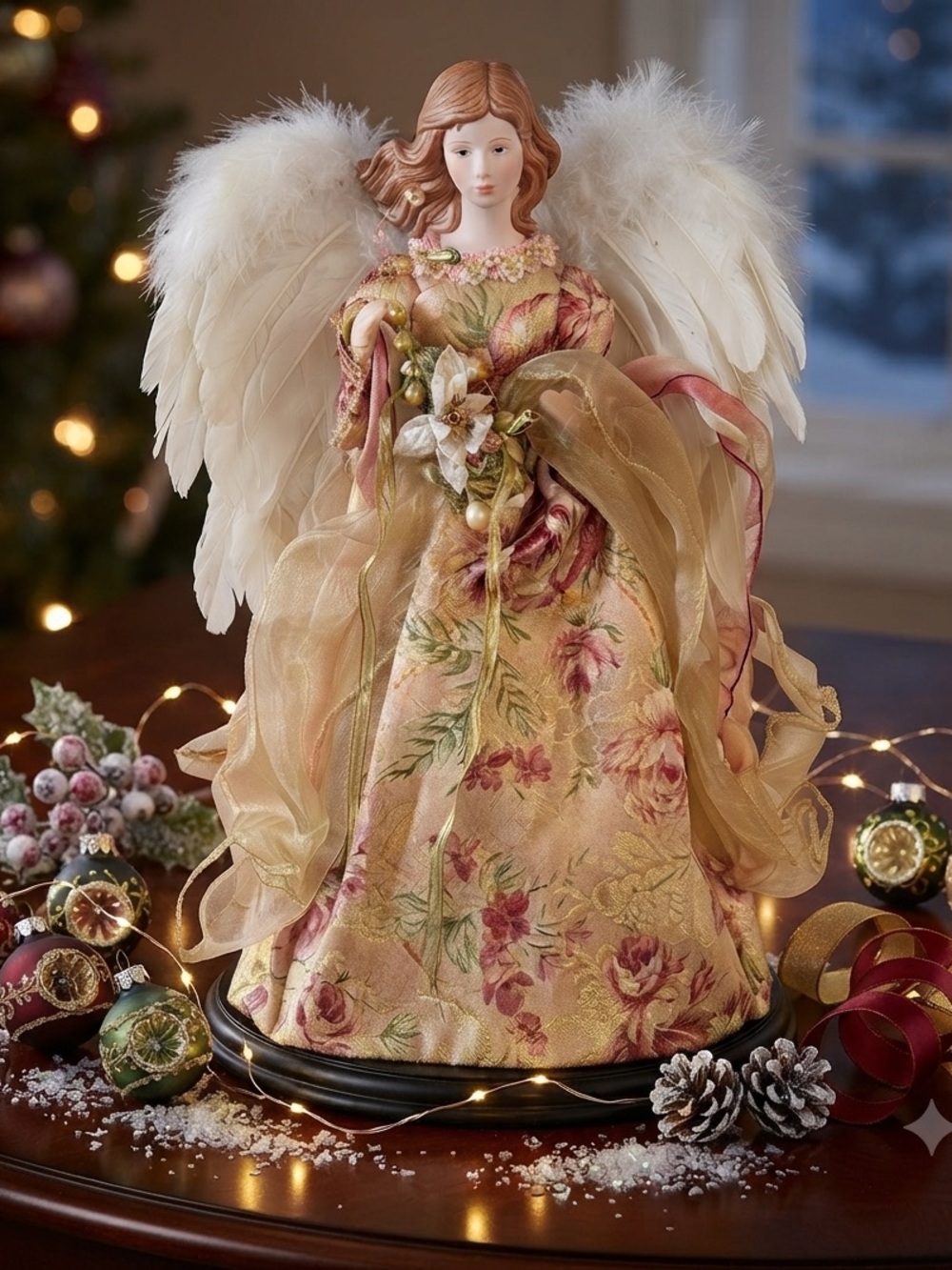 Elegant Vintage Angel Figurine with Floral Dress 16”